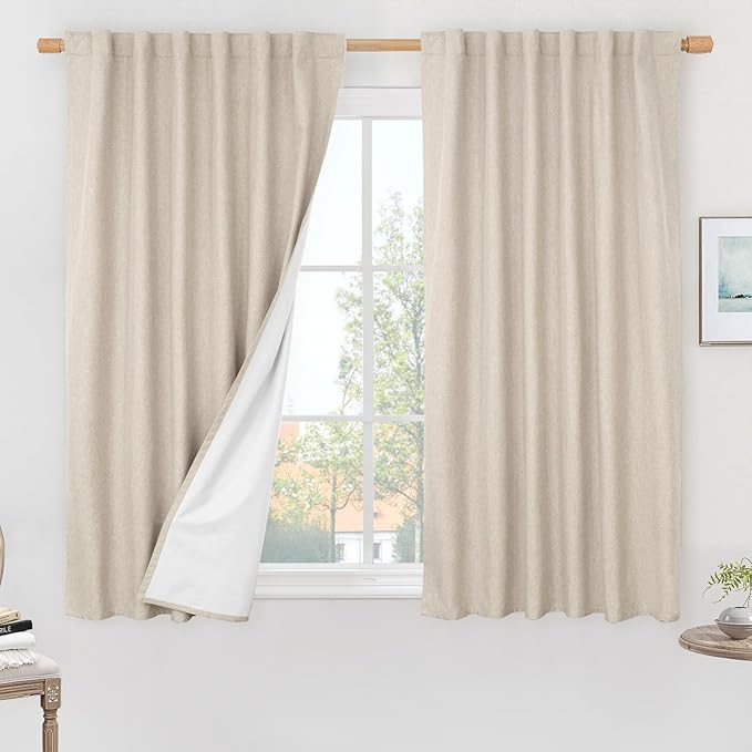 LAMIT Linen 100% Blackout Window Curtains for Bedroom, 45 Inches Linen Textured Thermal Farmhouse Curtains Back Tab and Rod Pocket Window Panels with White Liner, 2 Panels, 52 x 45 Inch, Oatmeal