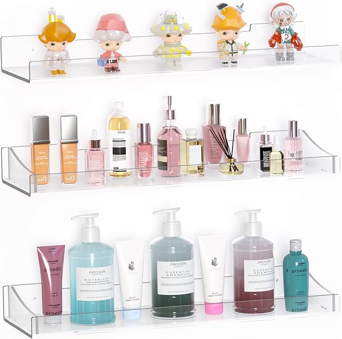 Acrylic Shelves for Bathroom, Clear Floating Shelves for Wall, Wall Organizer Suitable for Bathroom, Bedroom, and Living Room Storage for Make Up,Action Figure,Books -3 Pack