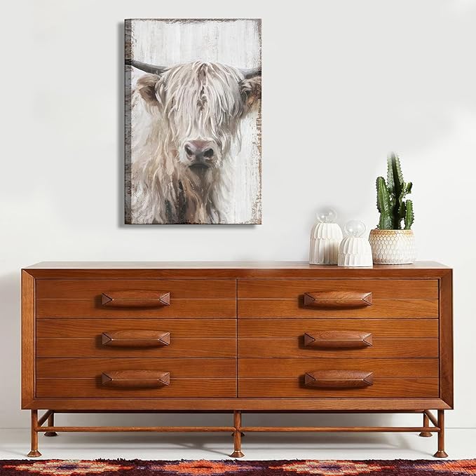 1Pcs Highland Cow Wall Art Farmhouse Cow Canvas Wall Decor Picture White Wildlife Painting Vintage Highland Cattle Print Artwork for Living Room Office Kitchen Bathroom Home Decoration 16x24IN