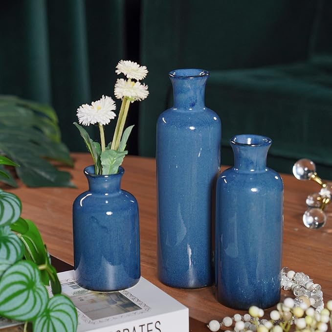 Ceramic Vase Set Home Decor - 3Pcs Modern Rustic Boho Geometric Blue Flowers Vase Decoration, Shelf Decor, Farmhouse Living Room Decoration, Decorative Gift Cynkeyee