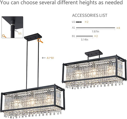 LMQNINE Modern Rectangle Chandelier for Dining Room, Black Crystal Chandelier Linear Light Fixture, Farmhouse Chandeliers for Kitchen Island, Bar Table, L30.7'' x W9.84'' x H8.66''