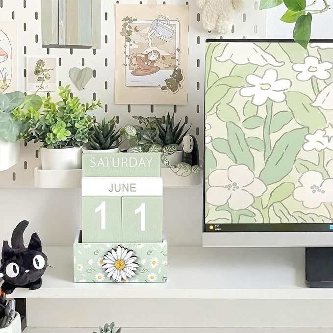 Green Daisy Flower Wood Block Perpetual Calendar Coquettish Desk Decor Cute Month Week Date Display Decorative Block Calendar for Women Office Home Desk Gift for Women