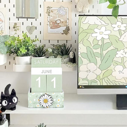 Green Daisy Flower Wood Block Perpetual Calendar Coquettish Desk Decor Cute Month Week Date Display Decorative Block Calendar for Women Office Home Desk Gift for Women