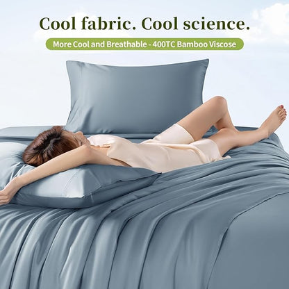 Shilucheng 100% Viscose Derived from Bamboo Queen Size 6pcs Ultra Cooling & Silky Soft Bed Sheets, 16" Deep Pocket, Perfect for Hot Sleepers, Hotel Bedding Sheets (French Blue)