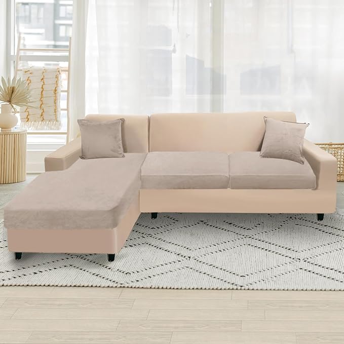 NAISI Sectional Couch Cover 3 Pieces Velvet Separate Couch Cushion Covers L Shape Soft Stretch Sofa Slipcovers with 2pcs Pillowcases for Left/Right Chaise Sectional Couch(2 Seater+1 Chaise,Taupe)