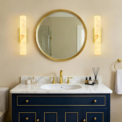 LMQNINE Natural Alabaster Wall Sconces Spanish Marble Wall Light Cylinder Modern Gold LED Sconce for Living Room Bedroom Bathroom Stairs（S-1Pack）