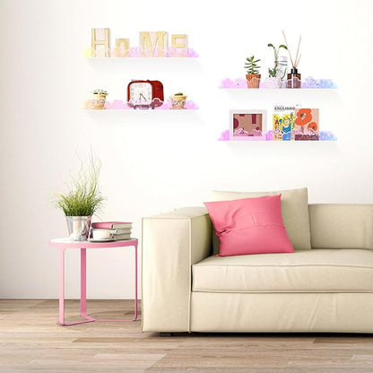 Floating Shelves for Wall,4 Pack 15.7’’x 3.5’’Adhesive Acrylic Shelves Organizer for Book Toy Photo Makeup,Wall-Mounted Kids Storage for Bathroom,Bedroom,Nursery,Iridescent Butterfly