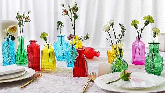 Color Bud Vases in Bulk -Glass Colorful Bud Vase Set Small Flower Glass for Centerpieces,Mini Vintage Style for Rustic Wedding Decorations, Holiday Party Table Flower Decor (20 Colors)