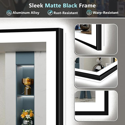 36x36 Black Framed LED Bathroom Mirror with Lights, Backlit & Front Lit, Anti-Fog Lighted Vanity Mirrors for Bathroom Wall, Dimmable, 3 Colors, Memory, Shatter-Proof, Tempered Glass, CRI＞90