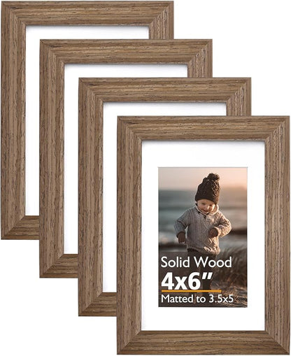 KINLINK 4x6 Frame Brown Wood, Solid Wood 4 x 6 Picture Frame with Acrylic Plexiglass for 3.5x5 with Mat, Tabletop and Wall Display Photo Frames 4x6 Brown Wood, 4 Pack