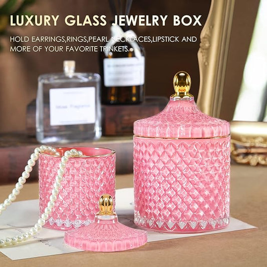 2 Pack Glass Qtip Holder Apothecary Jars Bathroom Jars with Lids for Room Decor, Pink Bathroom Accessories Storage Organizer, Cotton Ball Pad Round Swab Holder sets Pink Decor, 20oz+10oz