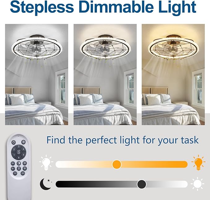 Rustic Black Ceiling Fan with Light, Farmhouse Chemistry Molecular Model Caged Ceiling Fan with Remote, LED Low Profile Ceiling Light for Bedroom Kitchen Living Room
