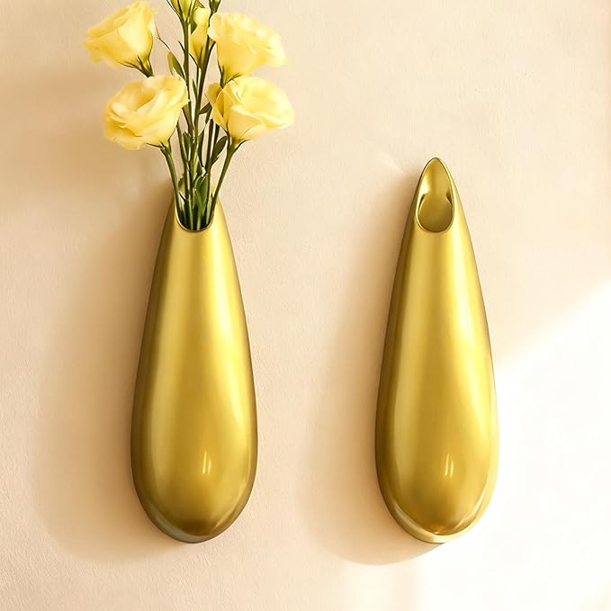 Sculptural Wall Ceramic Vase — 2 Pack Gold Hanging Sconce Vase | Turn Flowers into Art — Decorative Ceramic Wall Sconce for Single Stem Displays
