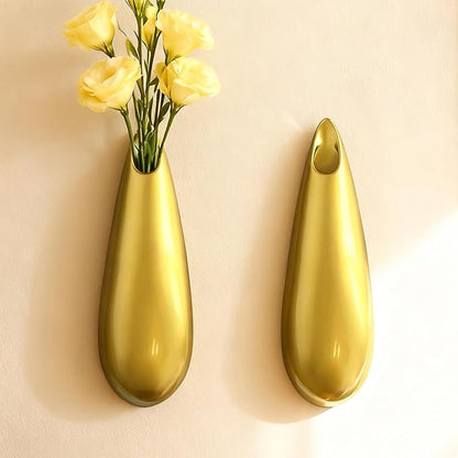 Sculptural Wall Ceramic Vase — 2 Pack Gold Hanging Sconce Vase | Turn Flowers into Art — Decorative Ceramic Wall Sconce for Single Stem Displays