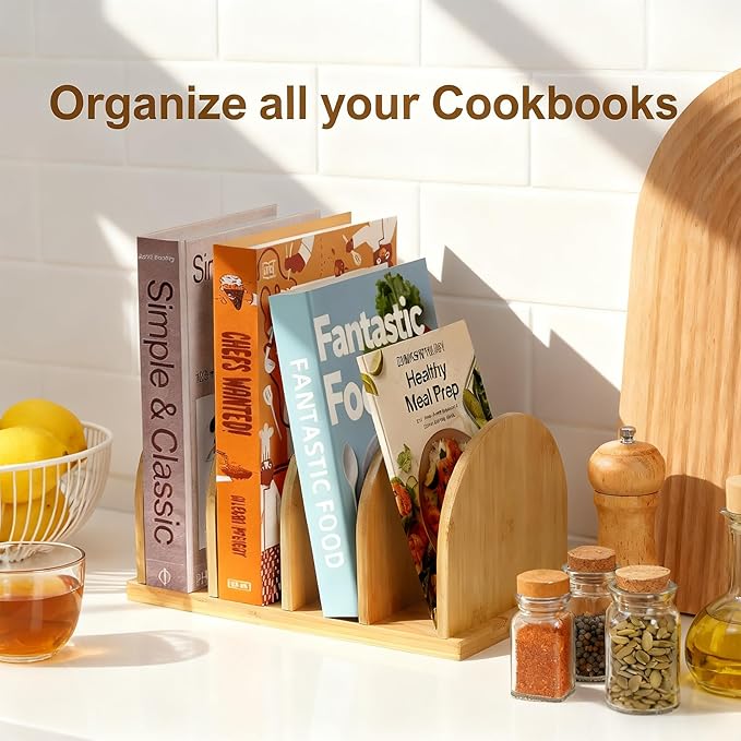 Bamboo Cook Book Organizer, Desktop Bookshelf, Convenient Book Stand, 4-Slot Recipe Holder, Table Cookbook Storage for Home & Kitchen