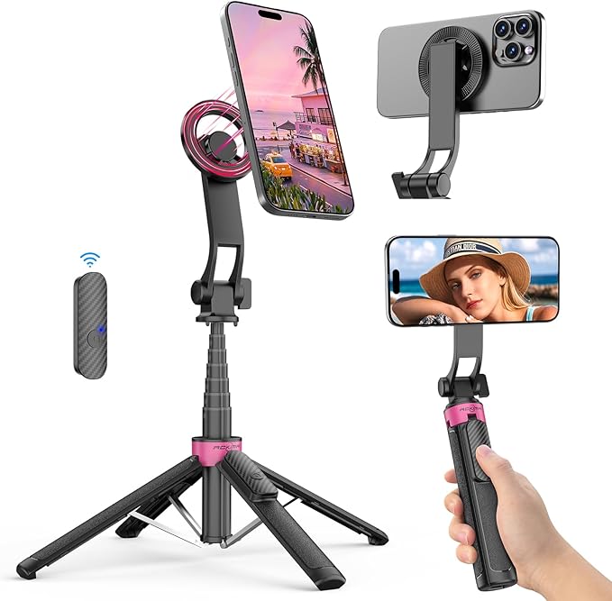 Magnetic Tripod for iPhone, Portable Selfie Stick Phone Tripod with Remote, Four-Leg Support Cellphone Stand for iPhone Magsafe, Fits Selfie Video Recording Gym Travel Essentials Accessories