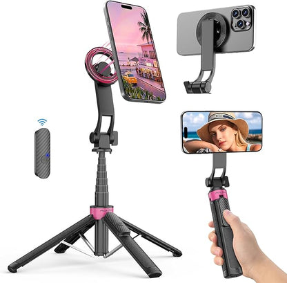 Magnetic Tripod for iPhone, Portable Selfie Stick Phone Tripod with Remote, Four-Leg Support Cellphone Stand for iPhone Magsafe, Fits Selfie Video Recording Gym Travel Essentials Accessories