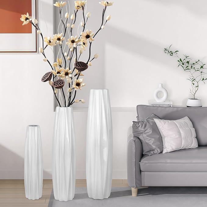 White Ceramic Floor Vase 17.7" – Origami Farmhouse Porcelain Vase for Living Room & Office Décor