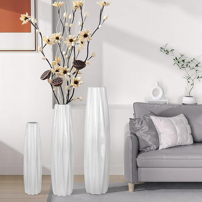 White Ceramic Floor Vase 17.7" – Origami Farmhouse Porcelain Vase for Living Room & Office Décor