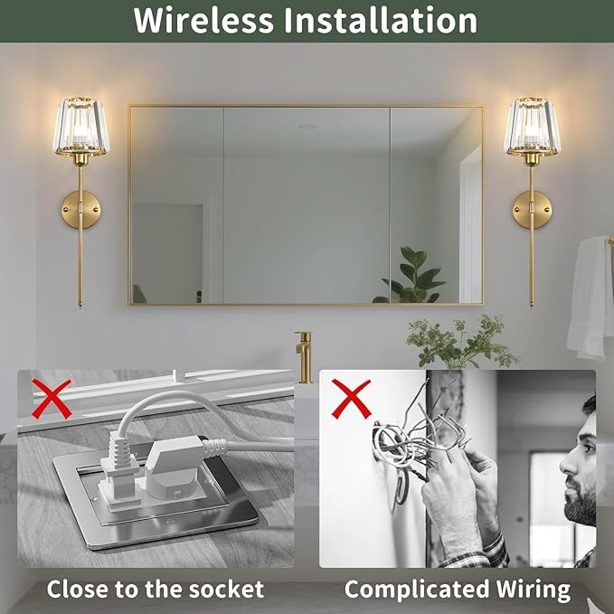 Battery Operated Crystal Wall Sconce Set of 2, Brushed Gold Wireless Wall Light with Remote Control, LED Dimmable 15 Colors USB Rechargeable Light Bulbs Wall Lamp for Bedroom Living Room Hallway