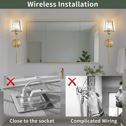 Battery Operated Crystal Wall Sconce Set of 2, Brushed Gold Wireless Wall Light with Remote Control, LED Dimmable 15 Colors USB Rechargeable Light Bulbs Wall Lamp for Bedroom Living Room Hallway