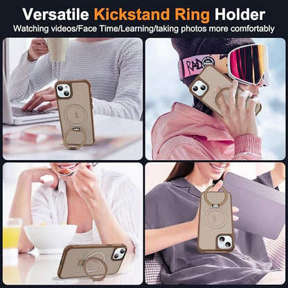Compatible with iPhone 15 Case with Invisible Magnetic O-Ring Stand Military-Grade Translucent Case for iPhone 15 6.1" [Compatible with Mag-Safe][Great Grip Feeling],Desert Brown
