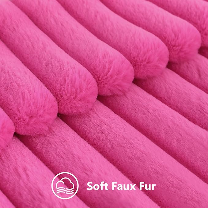 decorUhome Faux Fur Spring Throw Pillow Covers 26x26 Set of 2, Decorative Soft Plush Striped Neutral Couch Euro Sham Pillow Covers with Velvet Back for Sofa, Bed, Living Room Home, Hot Pink