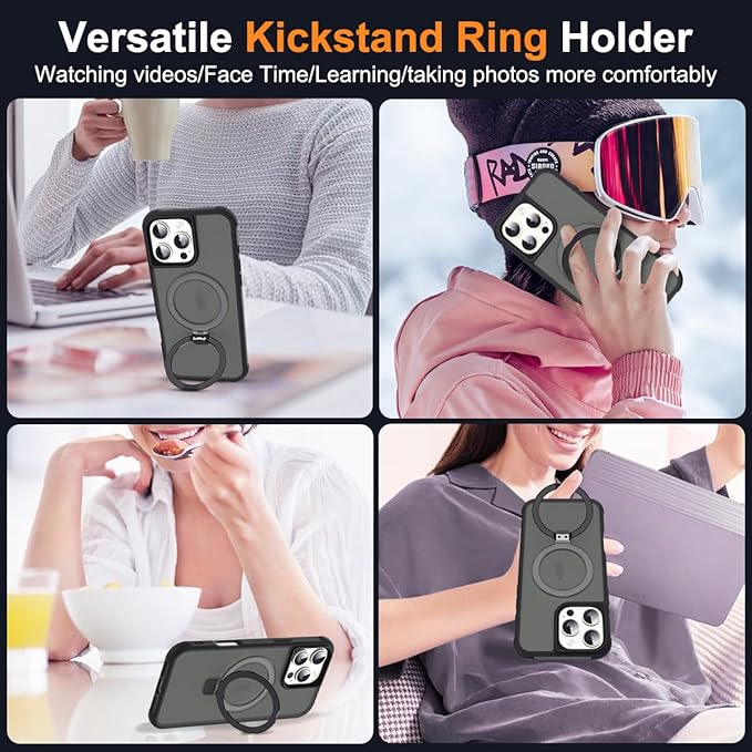 Compatible with iPhone 16 Pro Case with Invisible Magnetic O-Ring Stand Military-Grade Translucent Case for iPhone 16 Pro 6.3" [Compatible with Mag-Safe][Great Grip Feeling], Black