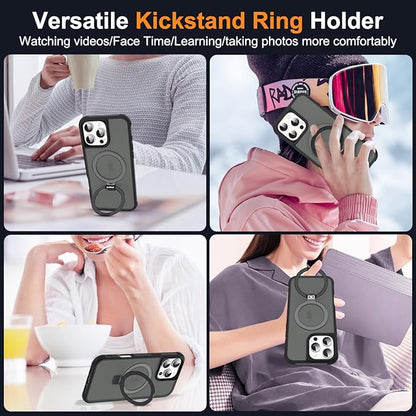 Compatible with iPhone 16 Pro Case with Invisible Magnetic O-Ring Stand Military-Grade Translucent Case for iPhone 16 Pro 6.3" [Compatible with Mag-Safe][Great Grip Feeling], Black
