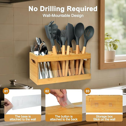 Kitchen Utensil Holder for Counter Extra Large Bamboo Wooden Utensil Organizer with 6 Compartments Cooking Utensil Holder Storage for Silverware Spoons Farmhouse Kitchen Decor (Absorbing Drying Stone)