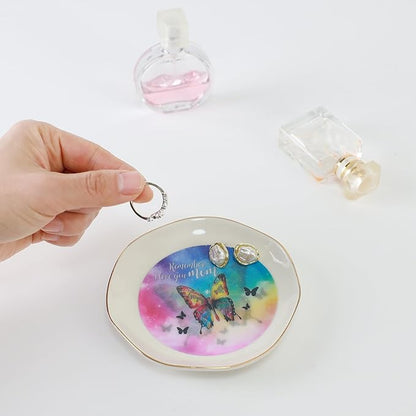 HOME SMILE Mother's Day Gifts for Mom Unique -I Love You Mom Jewelry Ring Dish Tray with Dynamic Butterfly Pattern Shifts for Mother