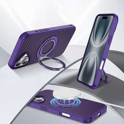Mag-Stand Carbon Fiber Case for iPhone 17, 360° Rotate Magnetic Stand, Compatible with MagSafe, 15FT Military Protection, Slim Shockproof Magnetic Kickstand Mag Phone Case for Men Women Purple