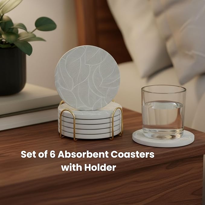 Ceramic Absorbent Coasters Set of 6 with Holder, Marble Drink Coasters for Coffee Table, Water Absorbing Coaster (Leaf)