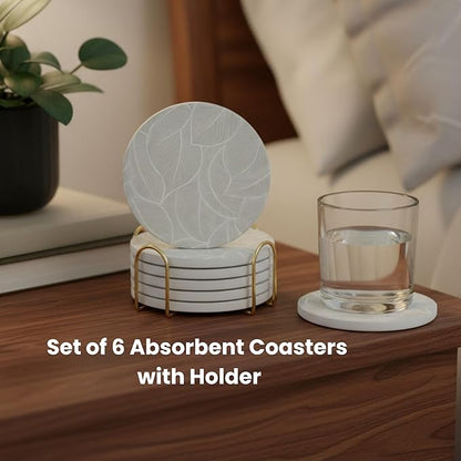 Ceramic Absorbent Coasters Set of 6 with Holder, Marble Drink Coasters for Coffee Table, Water Absorbing Coaster (Leaf)
