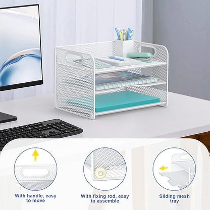 Samstar 3 Tier White Letter Tray Paper Organizer with Handle, Mesh Desk Organizer Paper Sorter File Rack Shelves, White