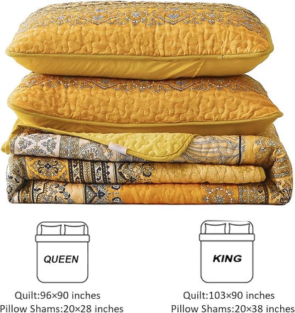 WONGS BEDDING Yellow Orange Bohemian King Quilt, Boho Quilt King Size, Lightweight Microfiber Bed Decor Bedspread for All Season 103"x90"(3 Pieces)
