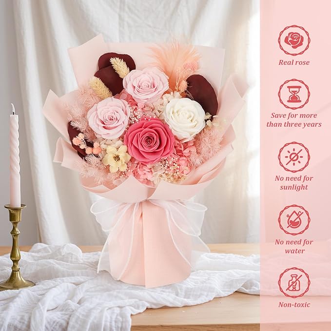 Flowers for Delivery Preserved Flowers with Vase That Last 3-5 Years Real Forever Flowers Rose Bouquet for Mom Anniversary Birthday Thanksgiving Christmas Gift for Women Grandma Wife Friends Her