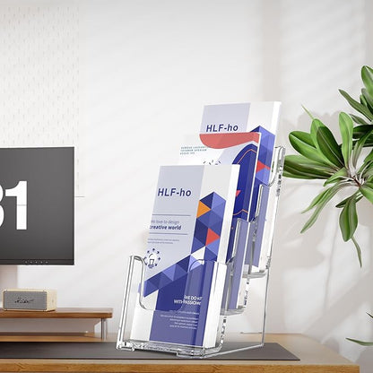Brochure Holder 4x9 Inch 3 Tier Acrylic Literature Holders Clear Plastic Flyer Display Stand Countertop Use or Wall Mount Pamphlet Holder Organizer for Office, Lobby, Hotel, Trade Show, 4 Pack
