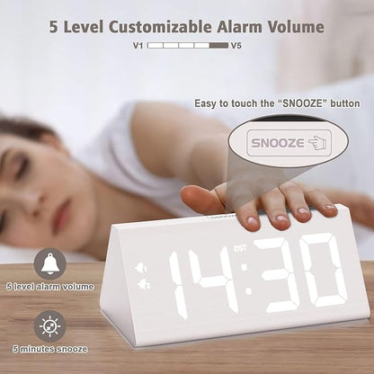Wooden Digital Alarm Clock with Dual USB Charging Ports, DST, Dimmable, Snooze, Modern Large Time Display LED Clock for Kids Bedrooms, Living Room, Desk, Table, Bedside, Nightstand (White)