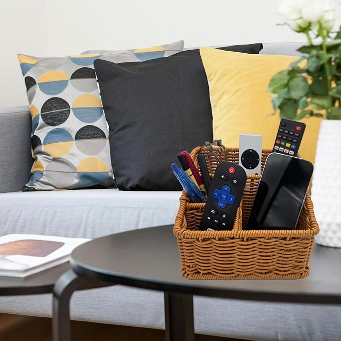 Rattan Remote Control Holder, Wicker Desk Organizer Basket for TV Remotes, Office Supplies, Makeup Brushes, Handwoven Storage Caddy for Tabletop, Shelf, or Kitchen Use (Golden Oak)