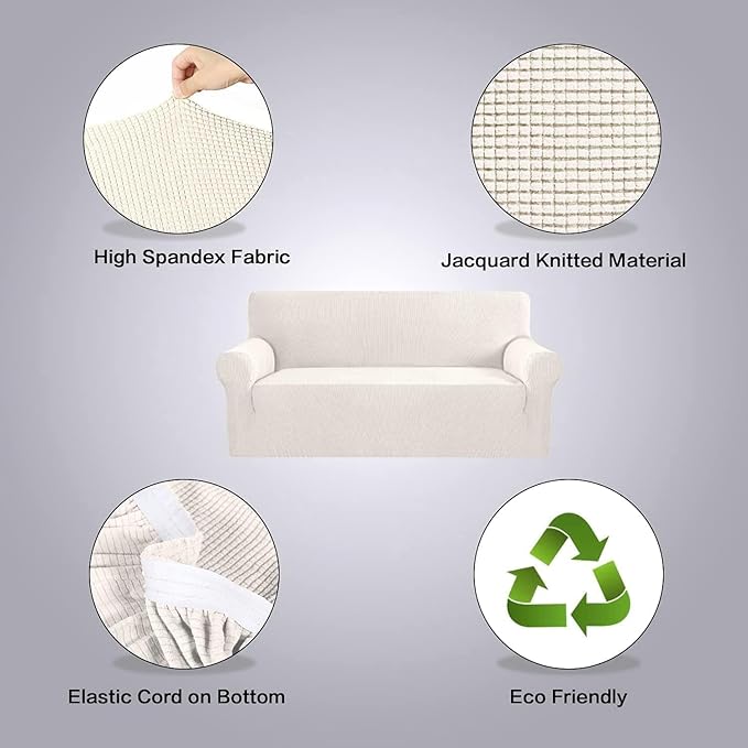 H.VERSAILTEX Stretch Couch Covers for Sofa 1 Piece Slipcovers for Couches and Sofas 3 Seater Couch Cover Feature Thick Checked Jacquard Fabric with Elastic Bottom(Large Sofa 90"-100" Wide, Ivory)