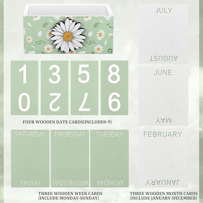 Green Daisy Flower Wood Block Perpetual Calendar Coquettish Desk Decor Cute Month Week Date Display Decorative Block Calendar for Women Office Home Desk Gift for Women