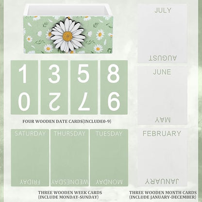 Green Daisy Flower Wood Block Perpetual Calendar Coquettish Desk Decor Cute Month Week Date Display Decorative Block Calendar for Women Office Home Desk Gift for Women