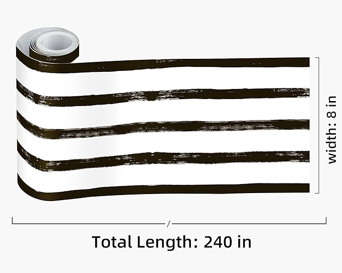FLFK Wallpaper Border - Black and White Striped Wall Borders Decal Peel and Stick Trim 8" x 240"