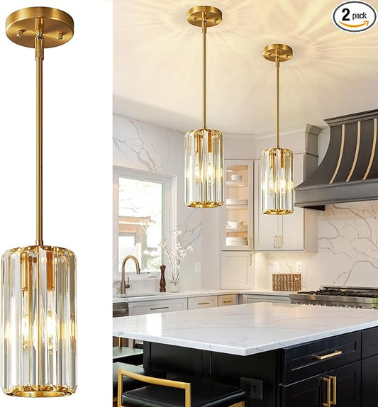 Gold Pendant Lighting Modern Pendant Light Mini Crystal Chandeliers Adjustable Pendant Light Fixture for Kitchen Island Dinning Room Corridor Bedroom(Gold 2-Pack)