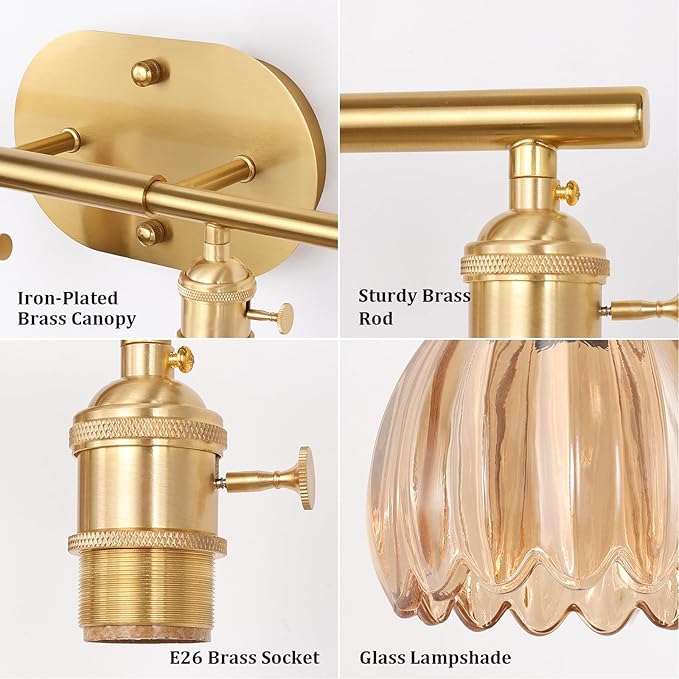 Bathroom Light Fixtures, 4-Light Brass Vanity Wall Light Over Mirror with Amber Tulip Glass Shade for Bedroom Living Room (Bulb Not Included)