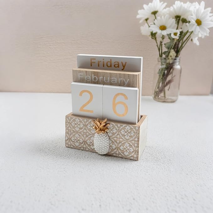 Notakia Vintage Wood Block Perpetual Calendar Month Week Date Display for Home Office Desk Rustic Decoration, Brown pineapple