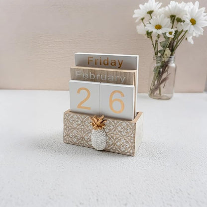 Notakia Vintage Wood Block Perpetual Calendar Month Week Date Display for Home Office Desk Rustic Decoration, Brown pineapple