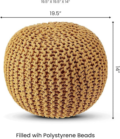 REDEARTH · Round Pouf Foot Stool Bean Bag Ottoman - Hand Knitted Boho Pouffe - Home Decor Poof - Stuffed Foot Rest for Living Room - Nursery - Bedroom - Patio (19.5"x19.5"x14") - Mustard, Set of 2
