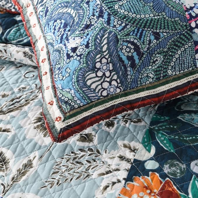 Cotton Bedspread Quilt Bedding Sets Reversible Coverlet Sets 3 Pieces Vintage Floral Blue Teal Patchwork Bedspread, Queen Size